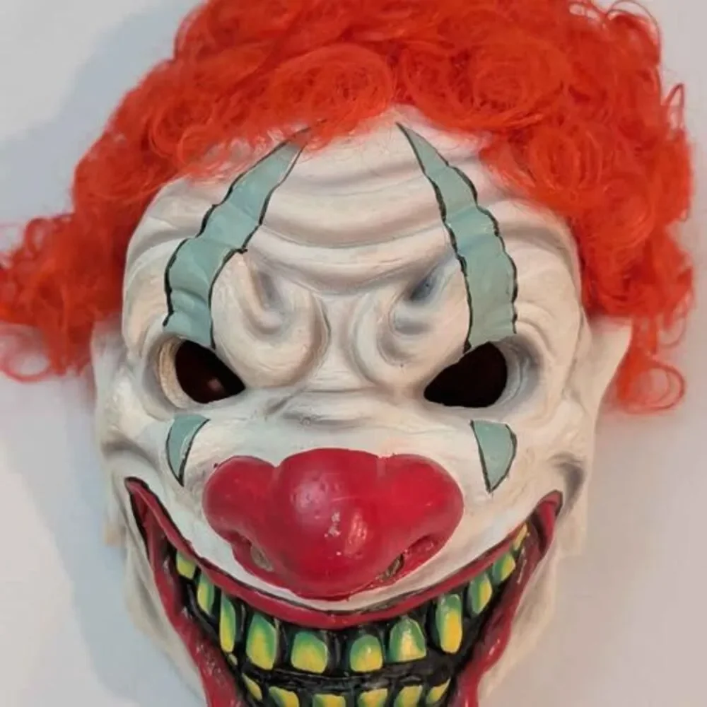 Creepy Evil Clown Halloween Mask with Orange Wig Costume Cosplay Prop Clean